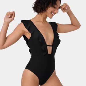 Halara Deep V-Neck Ruffle Backless One Piece Swimsuit in Black Size M NWT